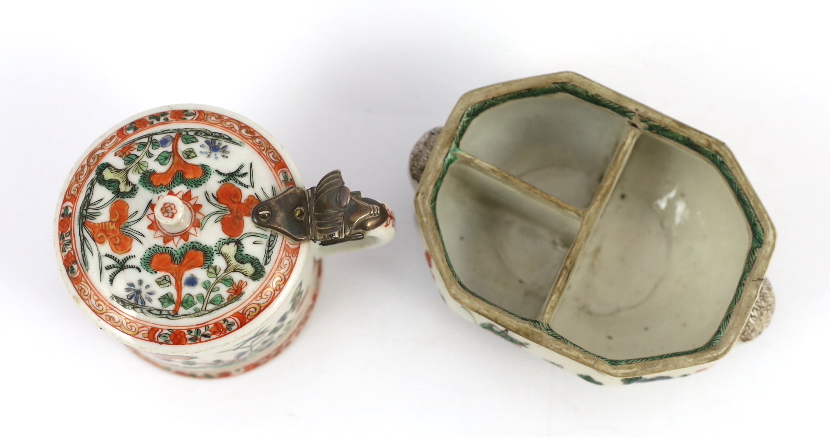 A Chinese famille verte compartmented spice box and a hinged mustard pot and cover, both Kangxi period, some damage (2)